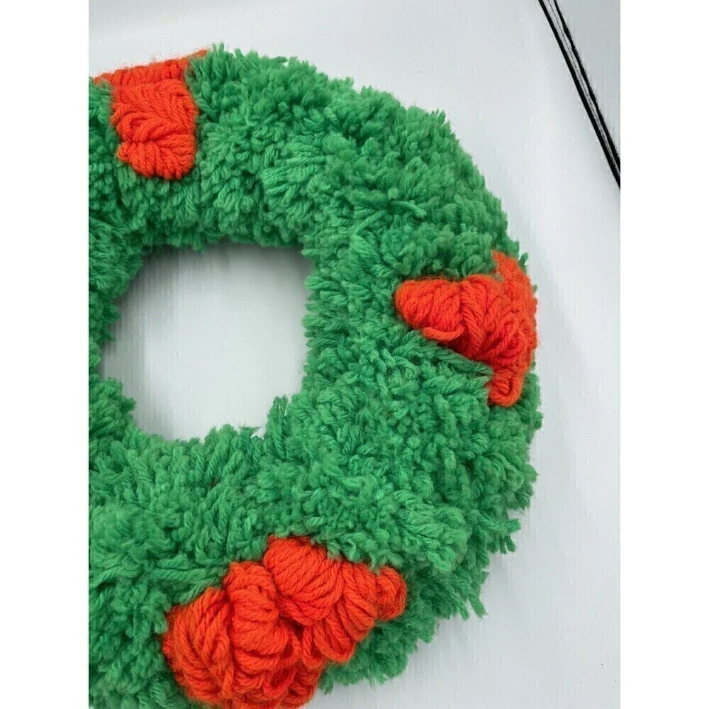 Vintage Handmade Green Crocheted Christmas Wreath Red Bow Holly Berries 14